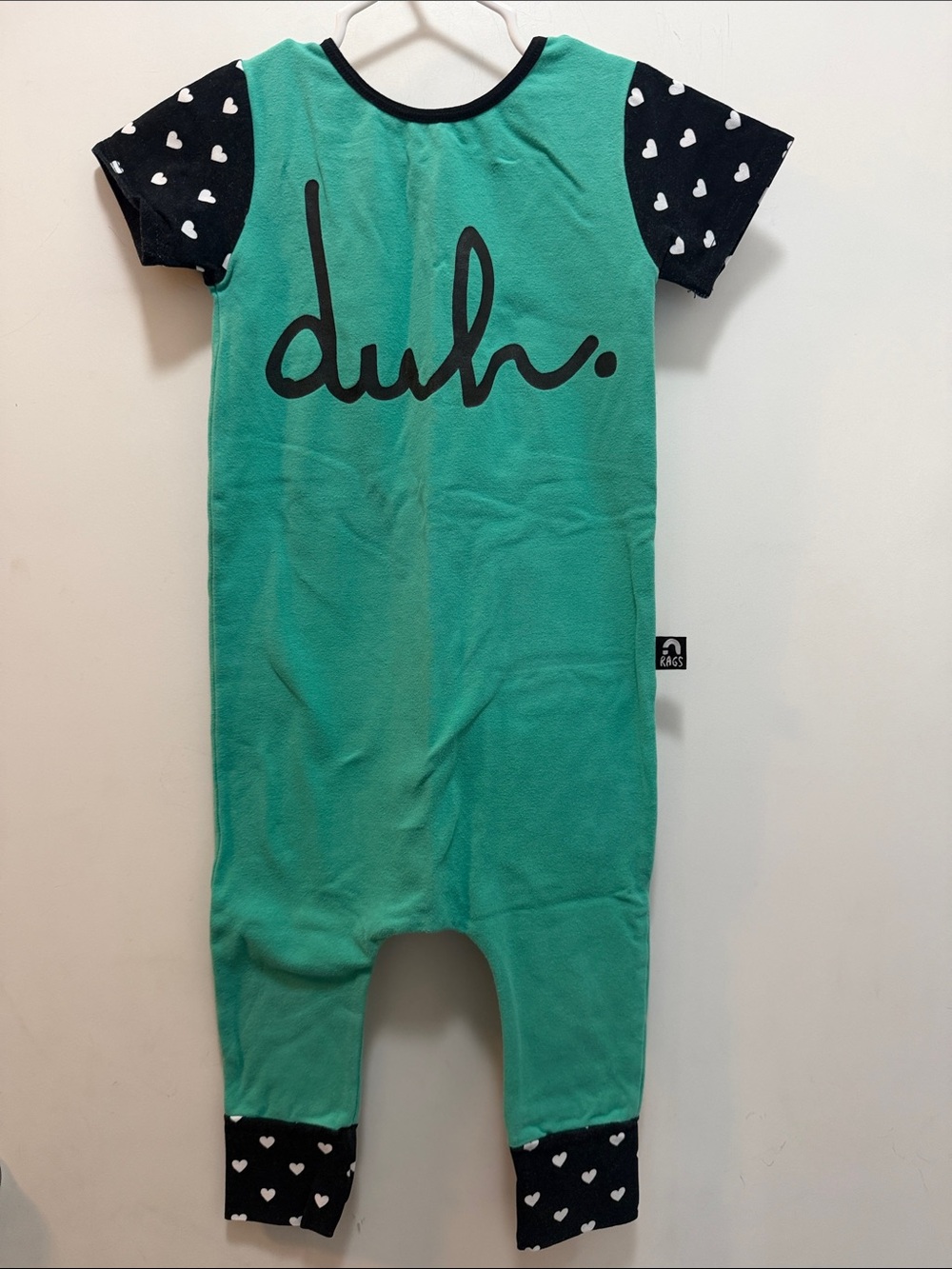 Rags Toddler 'duh.' One-Piece Romper - Mint Green/Aqua with Black Heart Accents